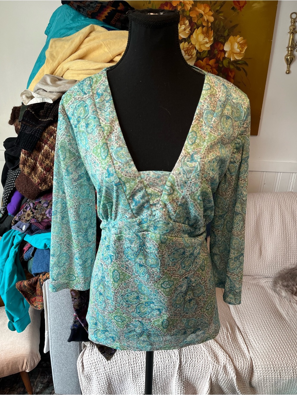 Women’s V-Neck Paisley Teal and Green Y2K-Style Blouse Long Sleeve Shirt - 1|2X